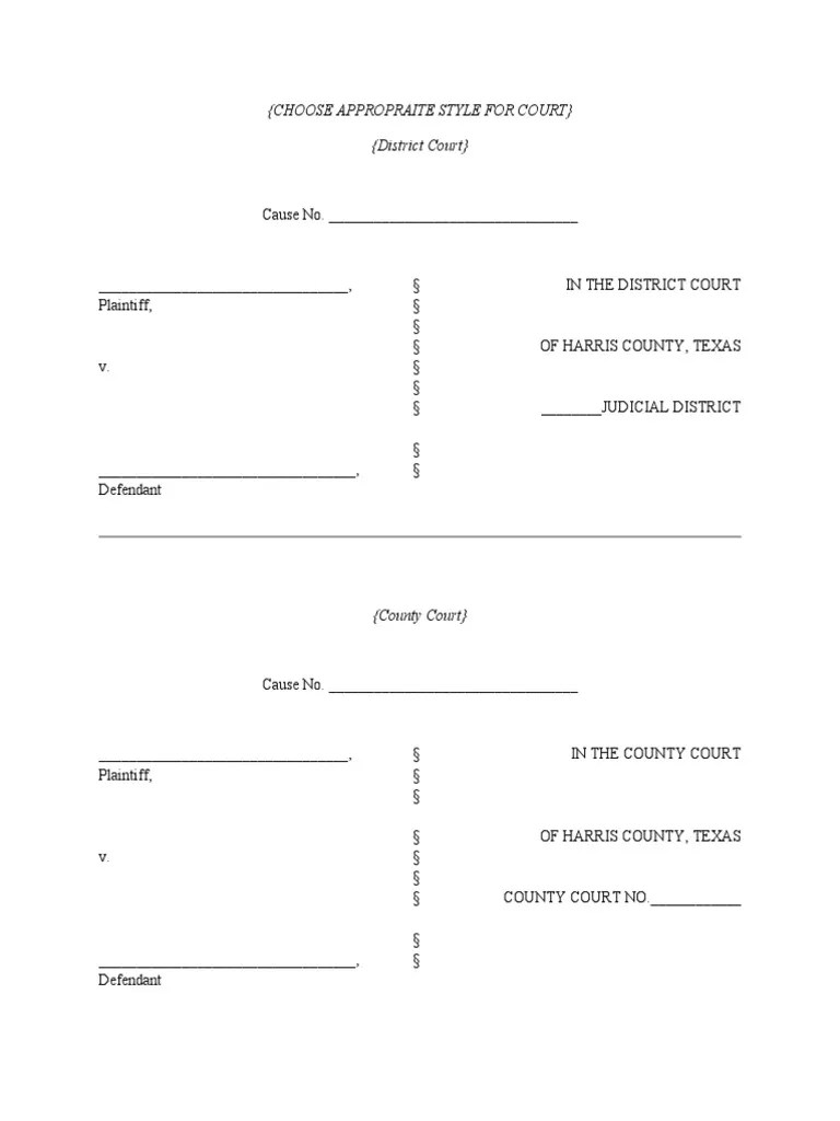 Sample Cause Numbers and Court Styles for Various Legal Proceedings in Harris County, Texas