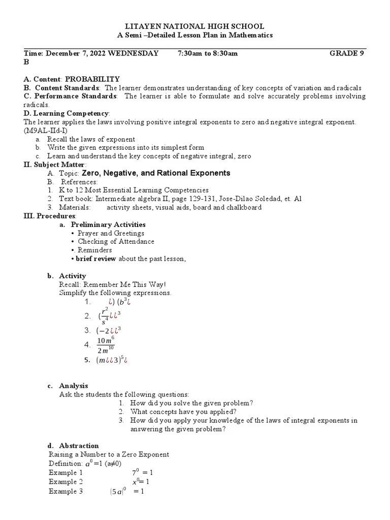 Lesson - Plan - in - Grade - 9 Math | PDF | Exponentiation | Learning