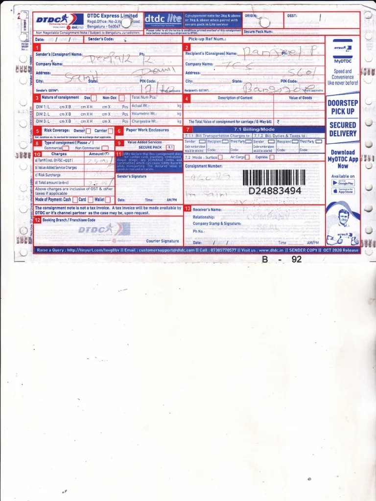DTDC Express Consignment Note Document Provides Details of Shipment Such as Sender, Recipient