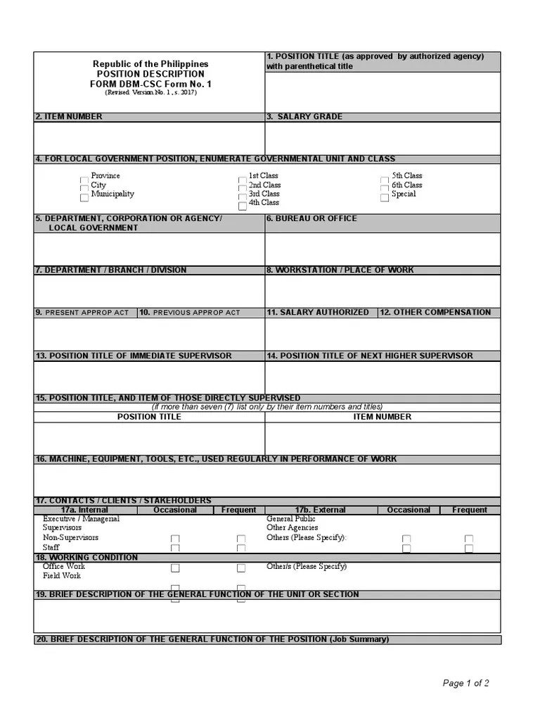 Position Description Form DBM CSC Form No. 1 PDF Labor Business