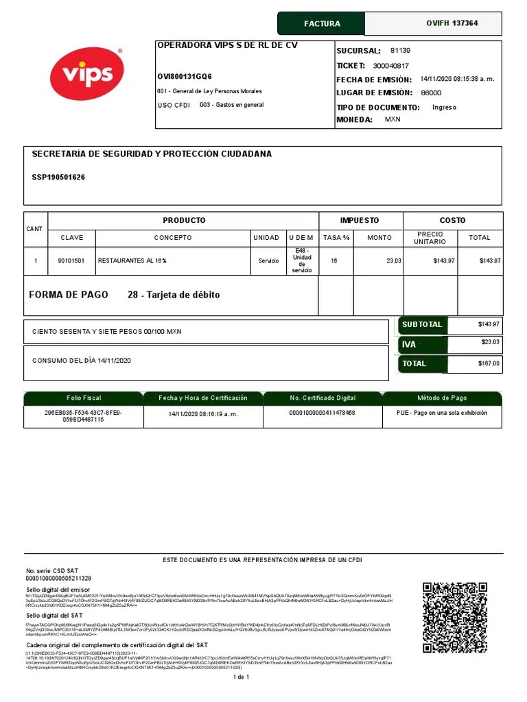 Operadora Vips S de RL de CV Forma de Pago 28 Tarjeta de Débito PDF