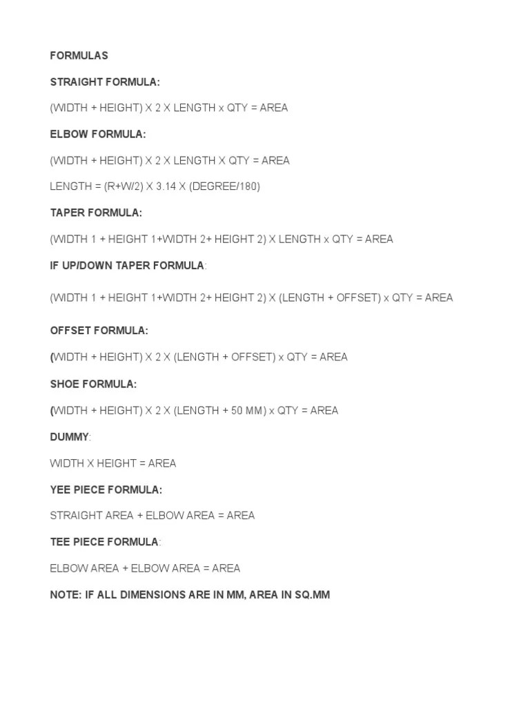 Duct Area Calculation Formula PDF PDF