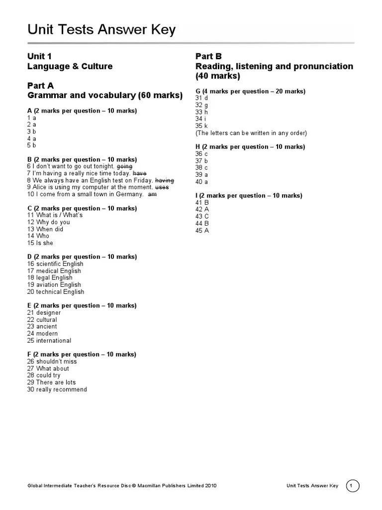 Answerkey, Unit Test g01 | PDF | English Language | Question