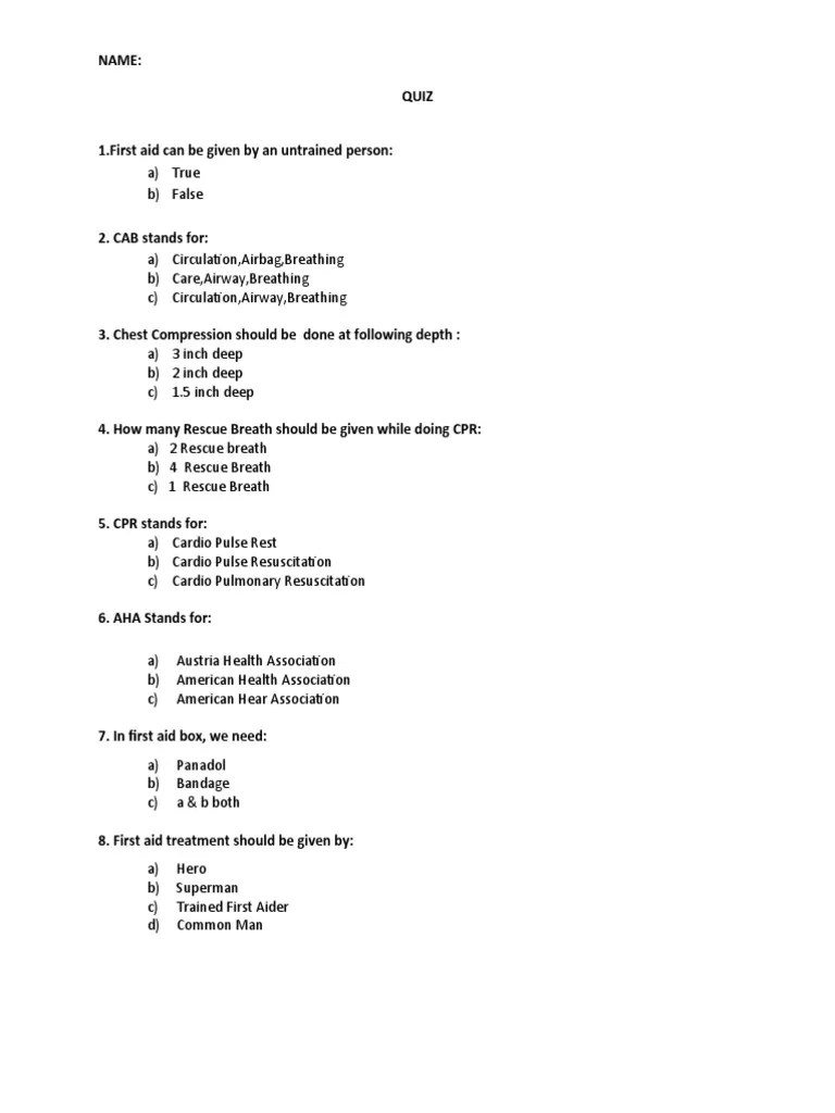 Quiz First Aid CPR PDF
