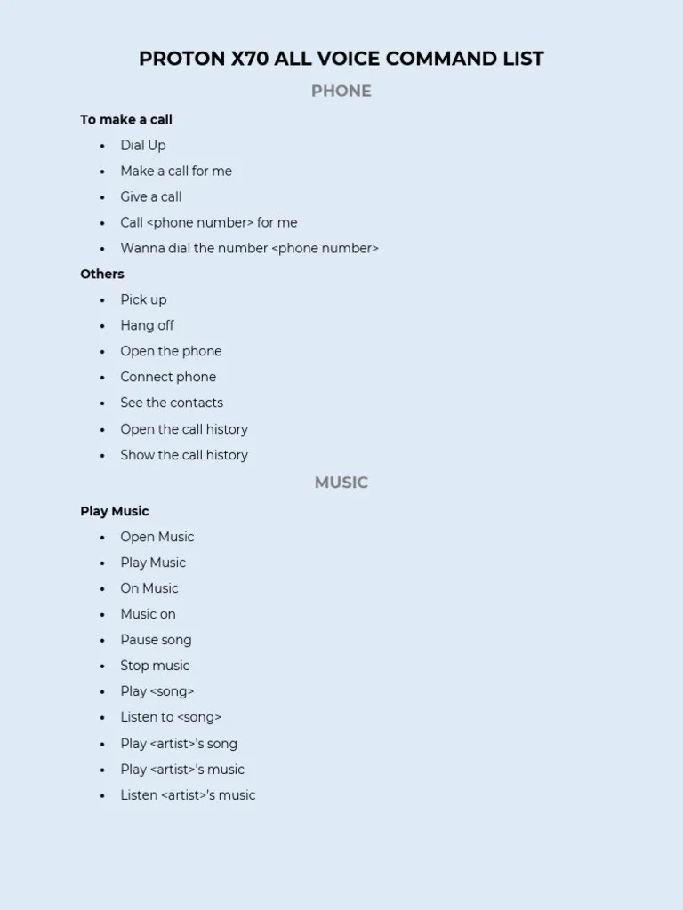 Proton X70 All Voice Command List PDF Information And