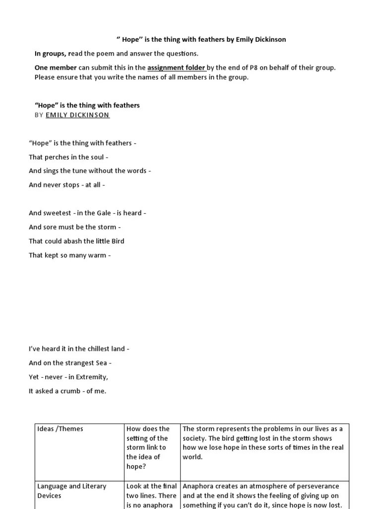 ''Hope'' Is The Thing With Feathers Worksheet PDF
