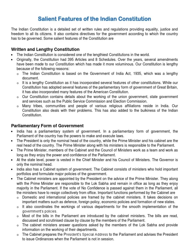 15 Salient Features of The Constitution PDF (Government
