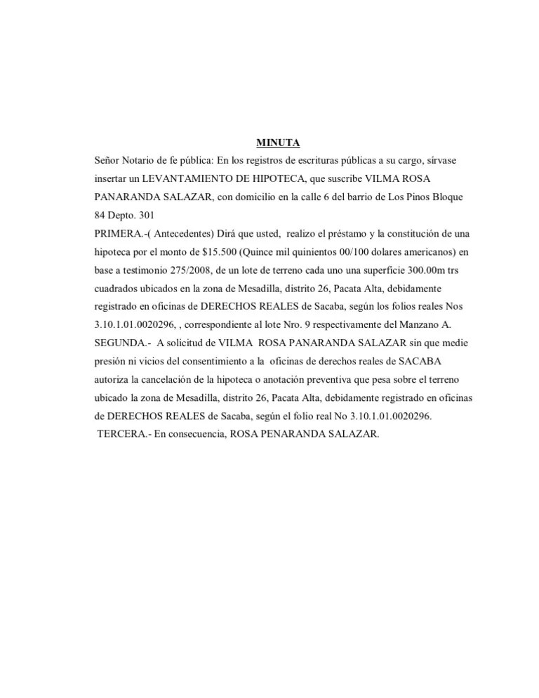 MINUTA Levantamiento de Hipoteca.