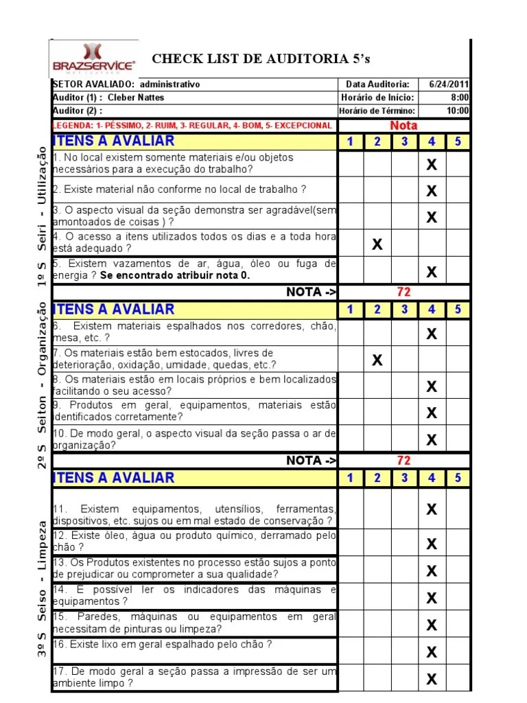 Check List 5SS Padronização Qualidade (Negócios)