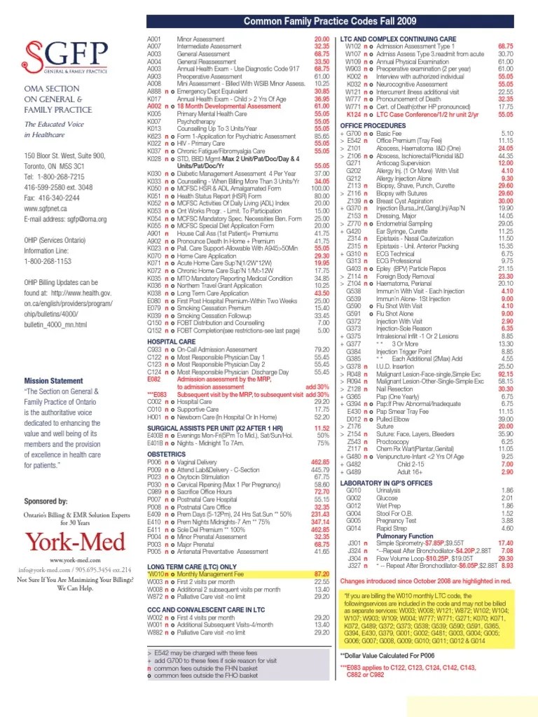 SGFP Common Fee Codes 09 6REV Headache Preventive Healthcare