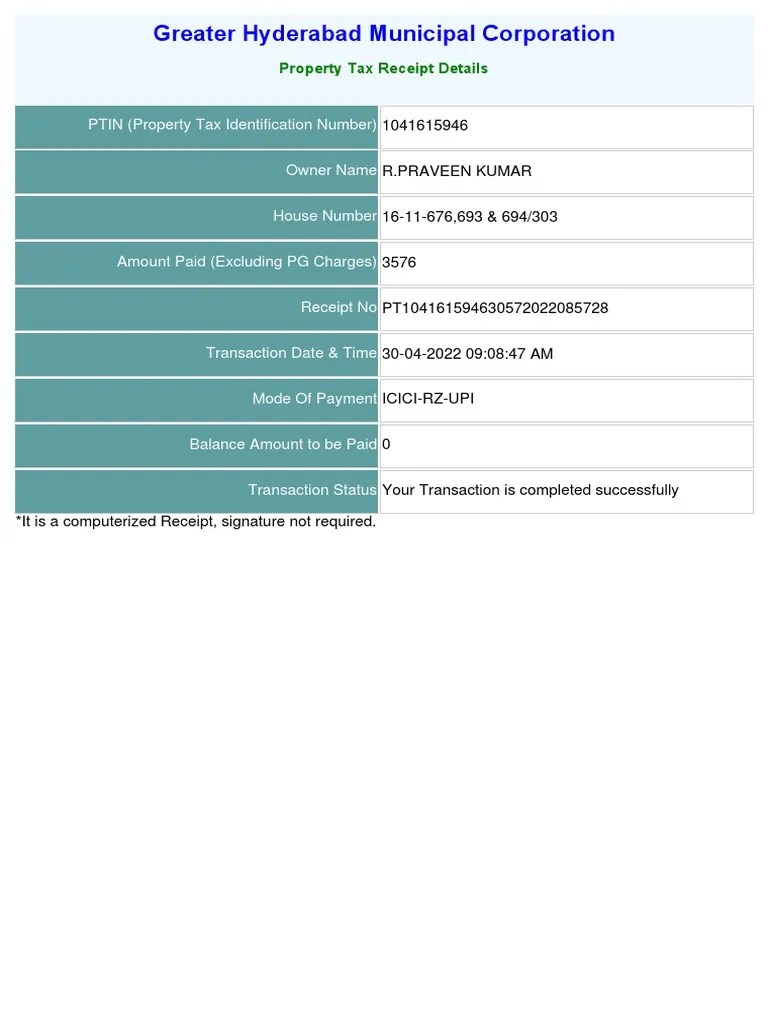 Greater Hyderabad Municipal Corporation PTIN (Property Tax