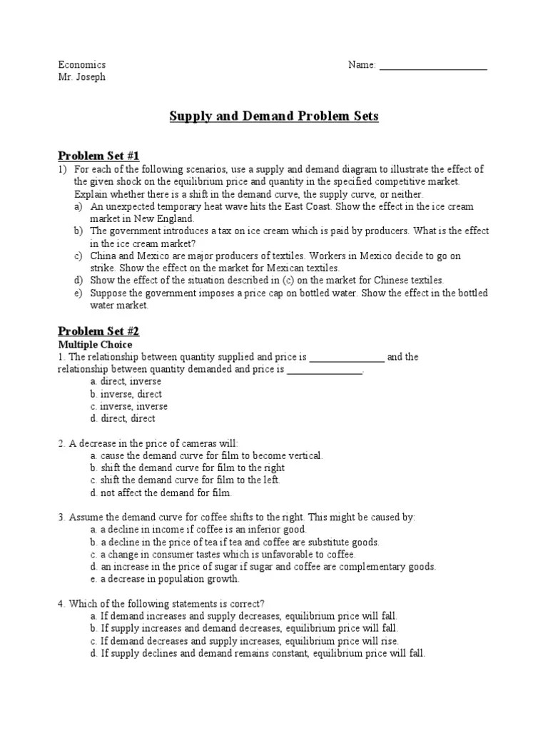 Supply and Demand College Problem Sets PDF Demand Supply And Demand