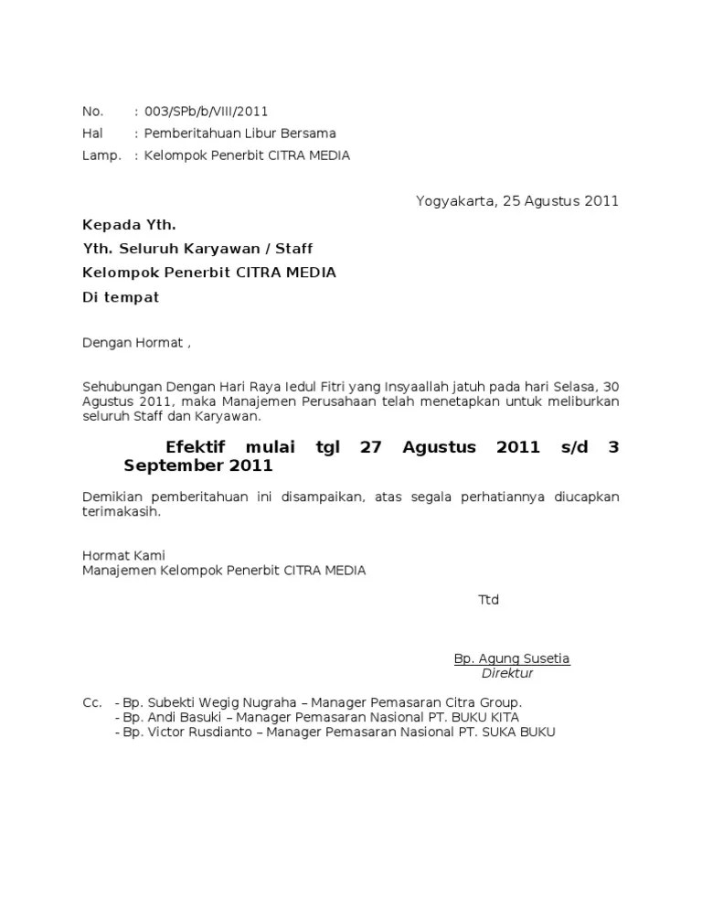 Berikut contoh cv dalam bahasa inggris: Surat Pemberitahuan Libur Bersama CR