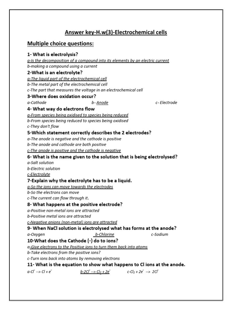 Understanding Electrochemical Cells: An Answer Key to Multiple Choice