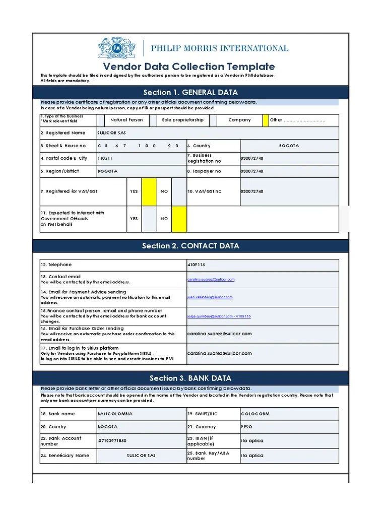 S101 Vendor Data Collection Template PDF Service Industries Business