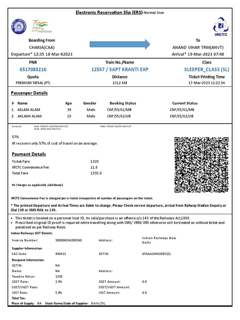 Electronic Reservation Slip (ERS) for a Sleeper Class Train Ticket from Chakia to Anand Vihar