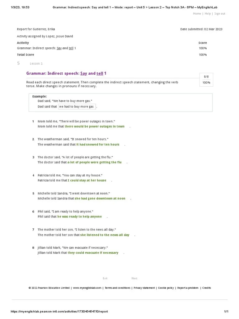 Grammar Indirect Speech Say and Tell 1 Mode Report Unit 5