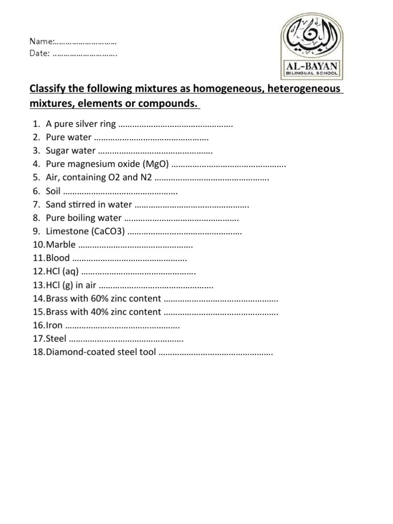 Heterogeneous Mixture Homogeneous Mixture Worksheet | PDF