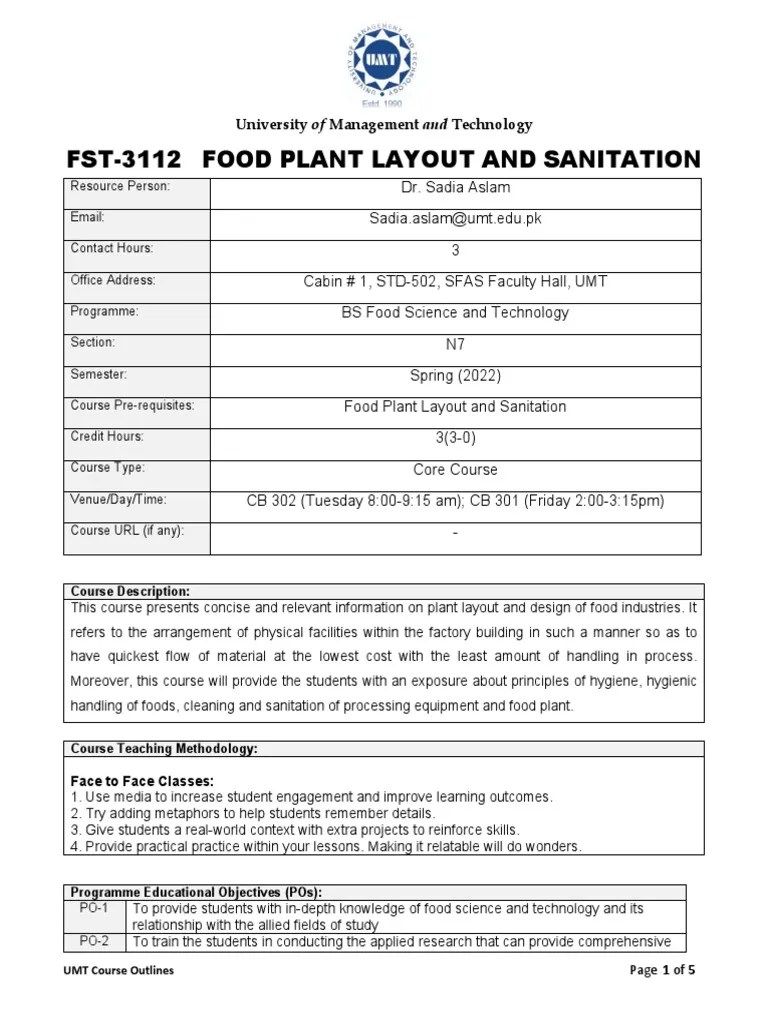 FST3112 Food Plant Layout and Sanitation Course Outline PDF