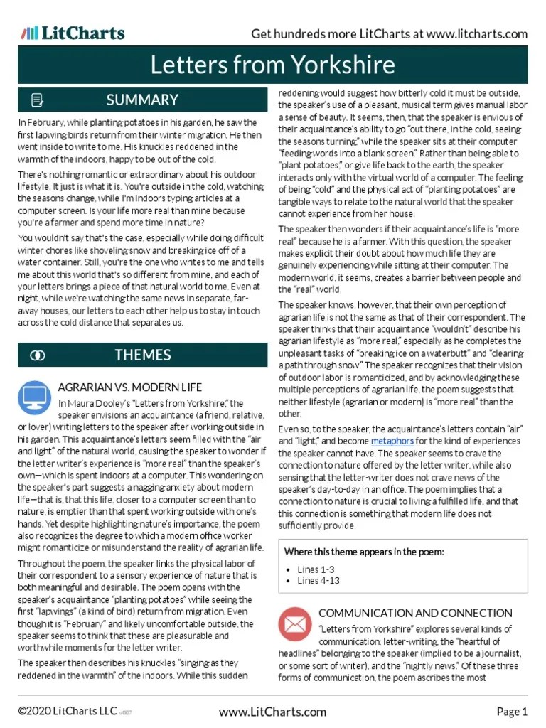 Letters From Yorkshire LitChart PDF Poetry