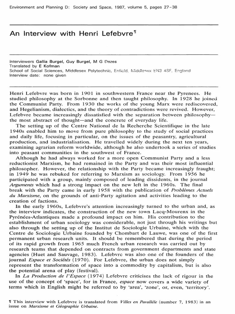 An Interview With Henri Lefebvre PDF Marxism Space