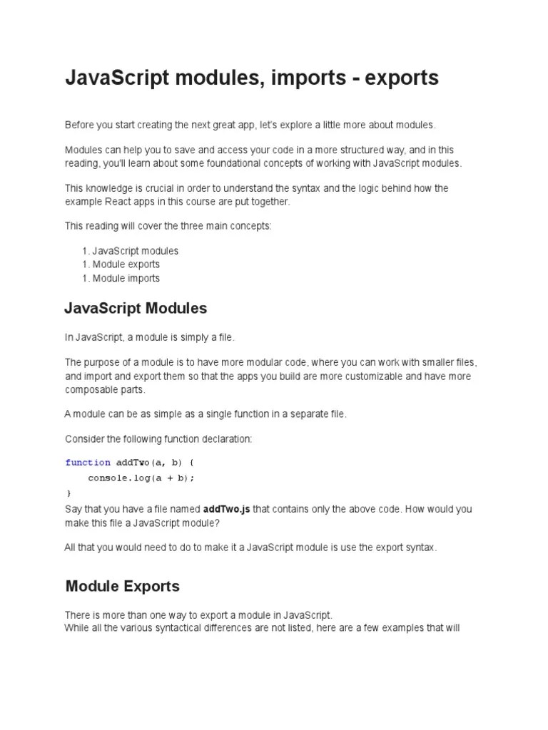 JS Modules, ImportsExports PDF PDF Java Script Modular Programming