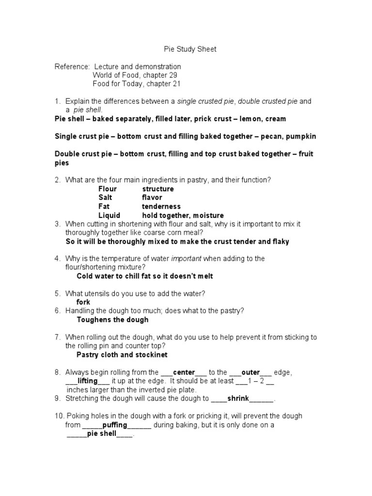 Pie Study Sheet Key 2 PDF Breads Flour