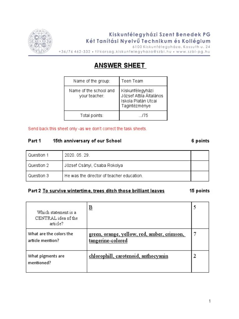 Answer Sheet 2020 | PDF