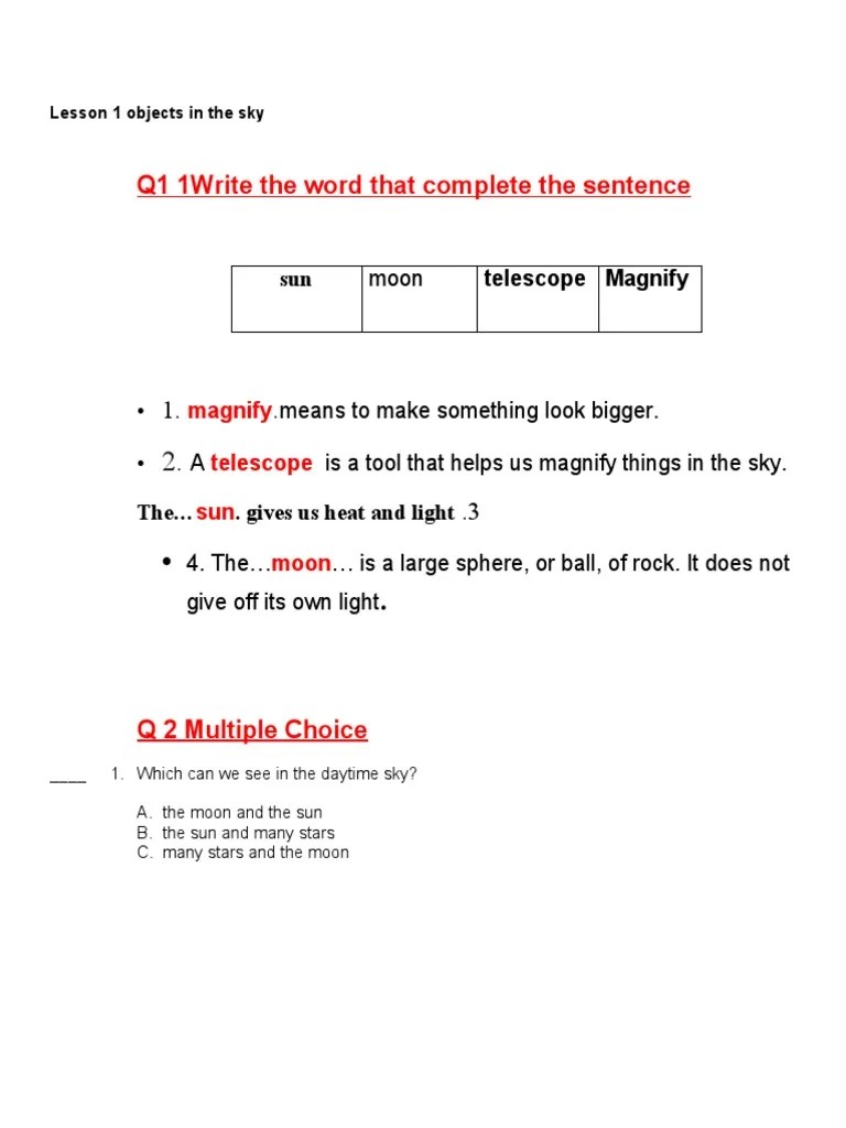 Lesson 1 What We Can See in The Sky Answers | PDF | Sky | Night Sky