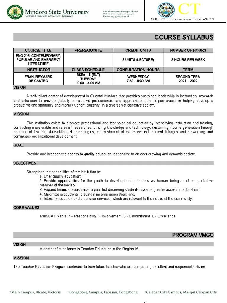 Syllabus in Contemporary, Popular and Emergent Literature FINAL PDF