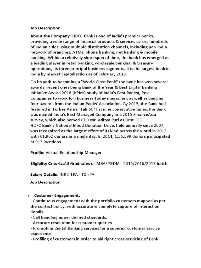 Job Description For VRM HDFC PDF Banks Money