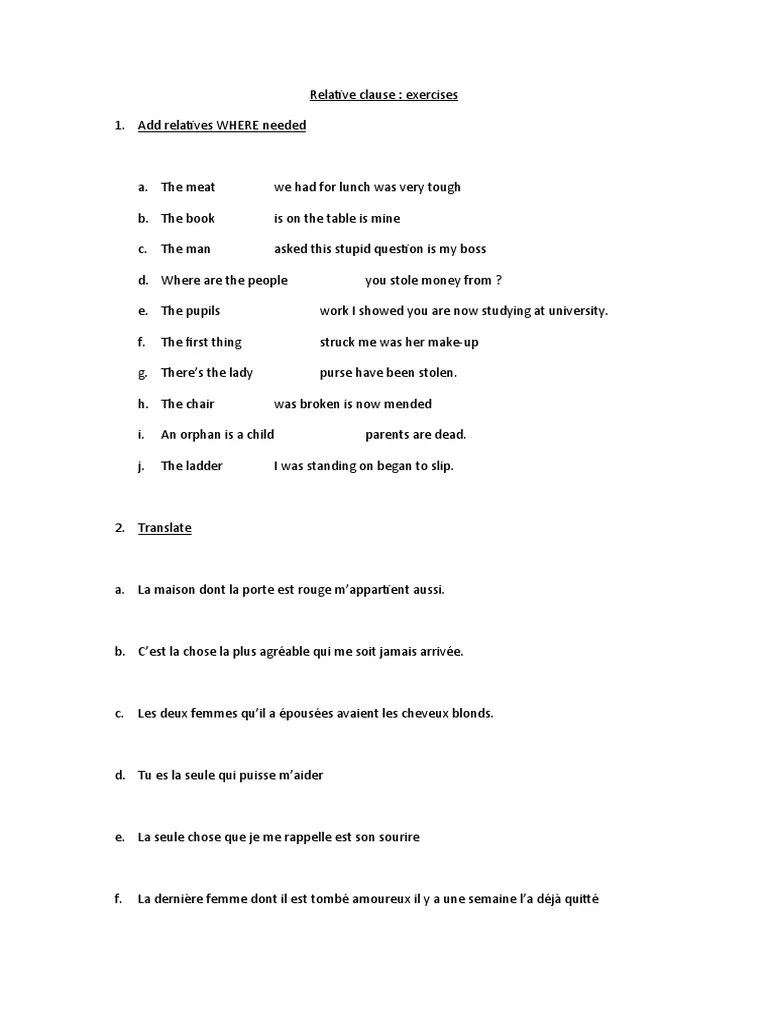 Relative Clause Exercise PDF