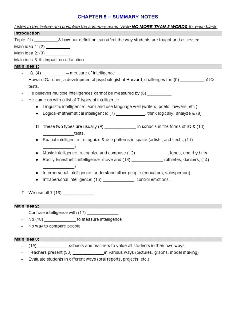 Chapter 08 Summary Notes PDF Intelligence Cognition