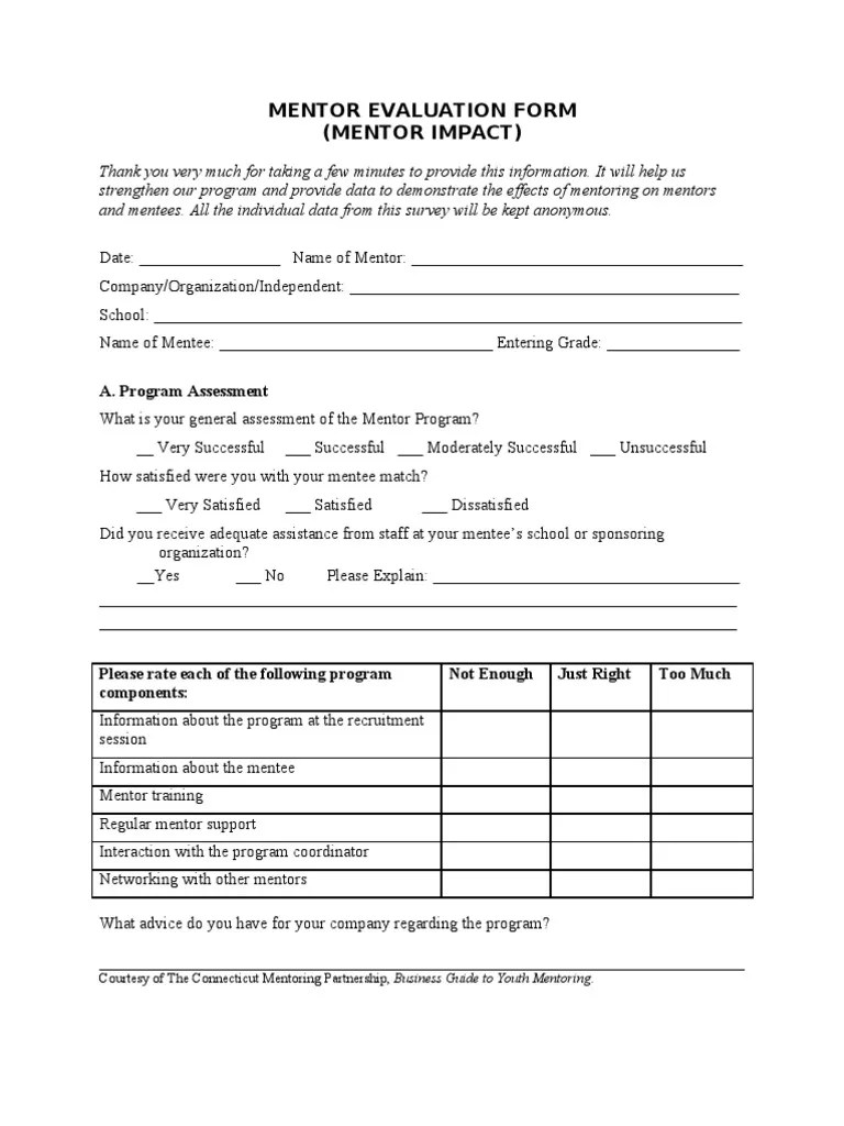 Mentor Evaluation Form (Mentor Impact) A. Program Assessment