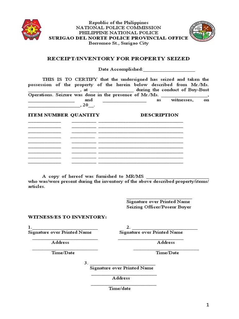 Receipt Inventory For Property Seized PDF