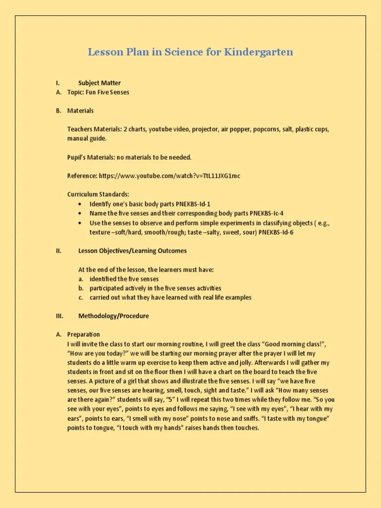 Lesson Plan in Science For Kindergarten | PDF | Senses | Lesson Plan