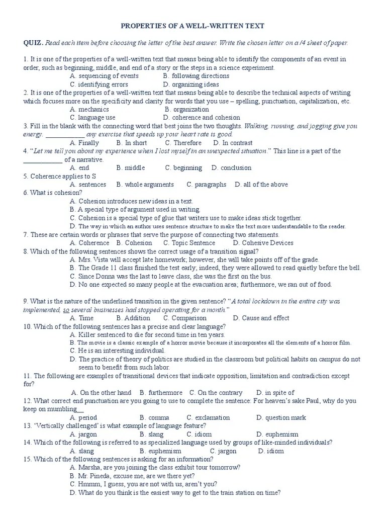 Properties of a WellWritten Text An Analysis of Coherence, Cohesion