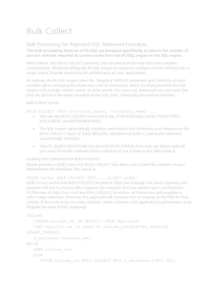 Bulk Collect PDF Database Index Pl/Sql