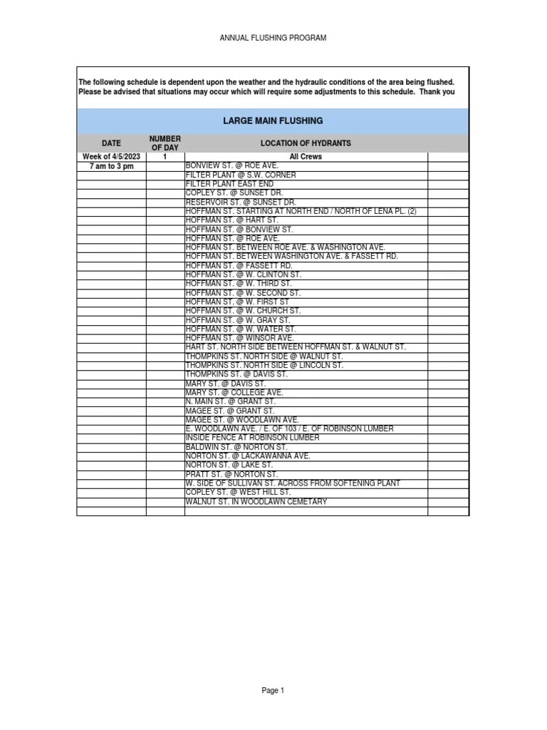 Elmira Hydrant Flushing Schedule Spring 2023 PDF
