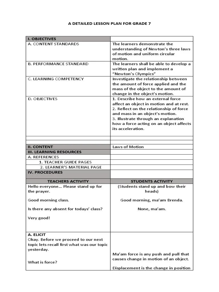 A Detailed Lesson Plan on Newton's Laws of Motion for Seventh Grade