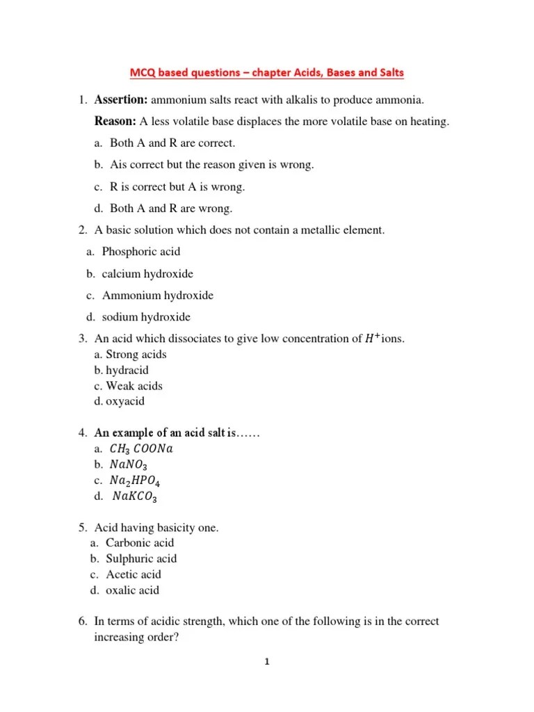 MCQ Based Questions Grade 10 Acids, Bases and Salts PDF Acid Hydroxide