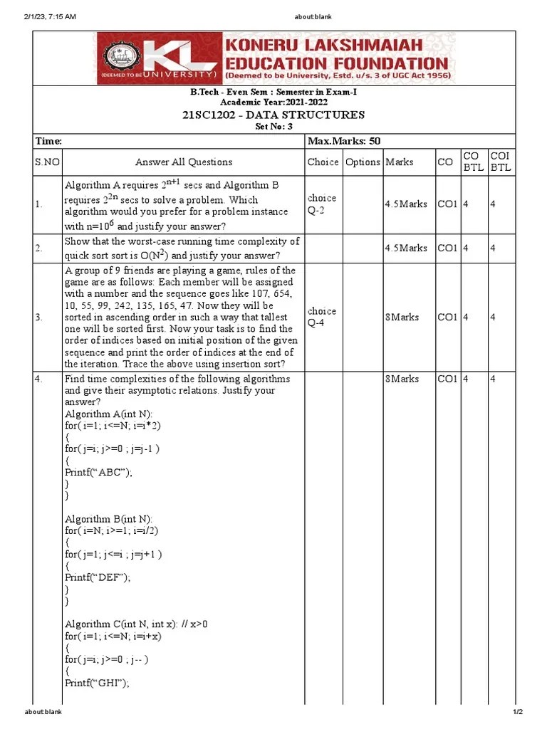 Test1 Set3 PDF Time Complexity Mathematical Logic