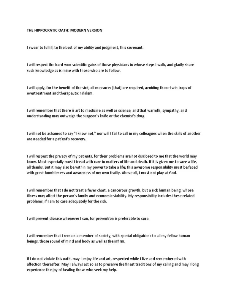 The Hippocratic Oath PDF Health Sciences Health Care