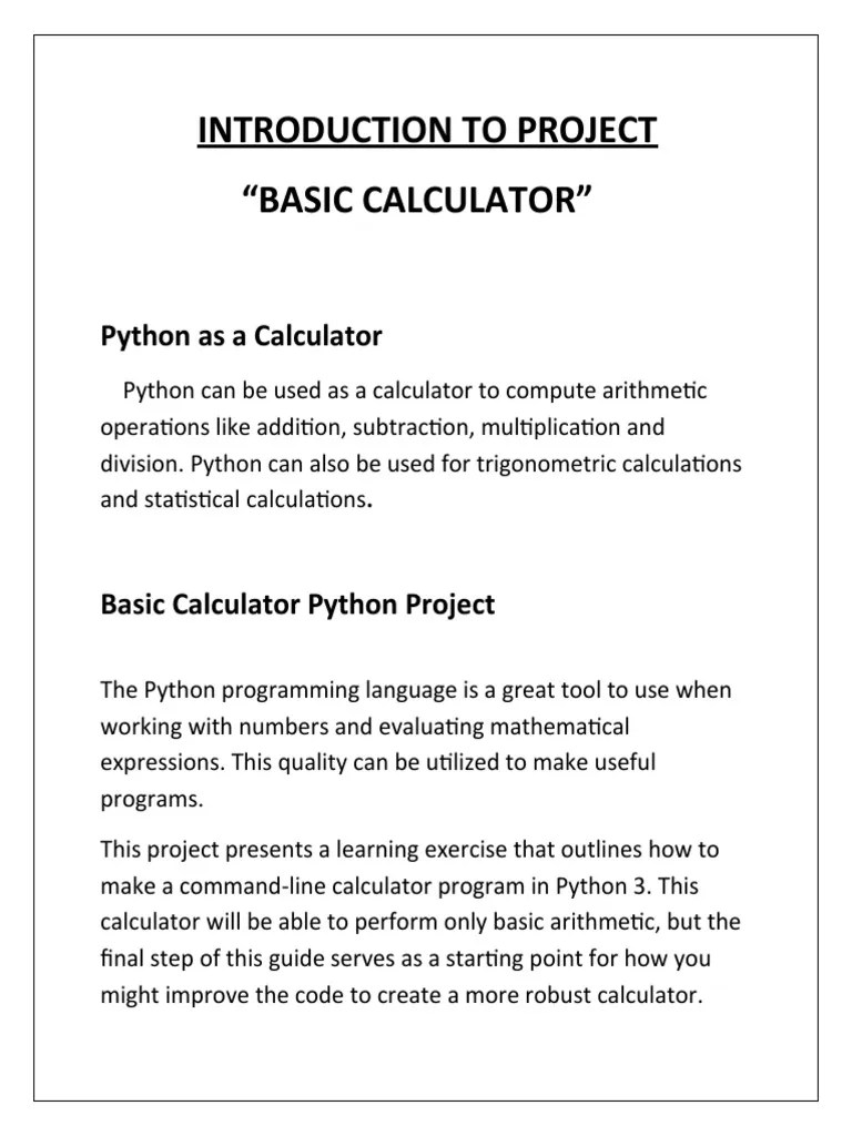 INTRODUCTION TO PROJECT Basic Calculator PDF