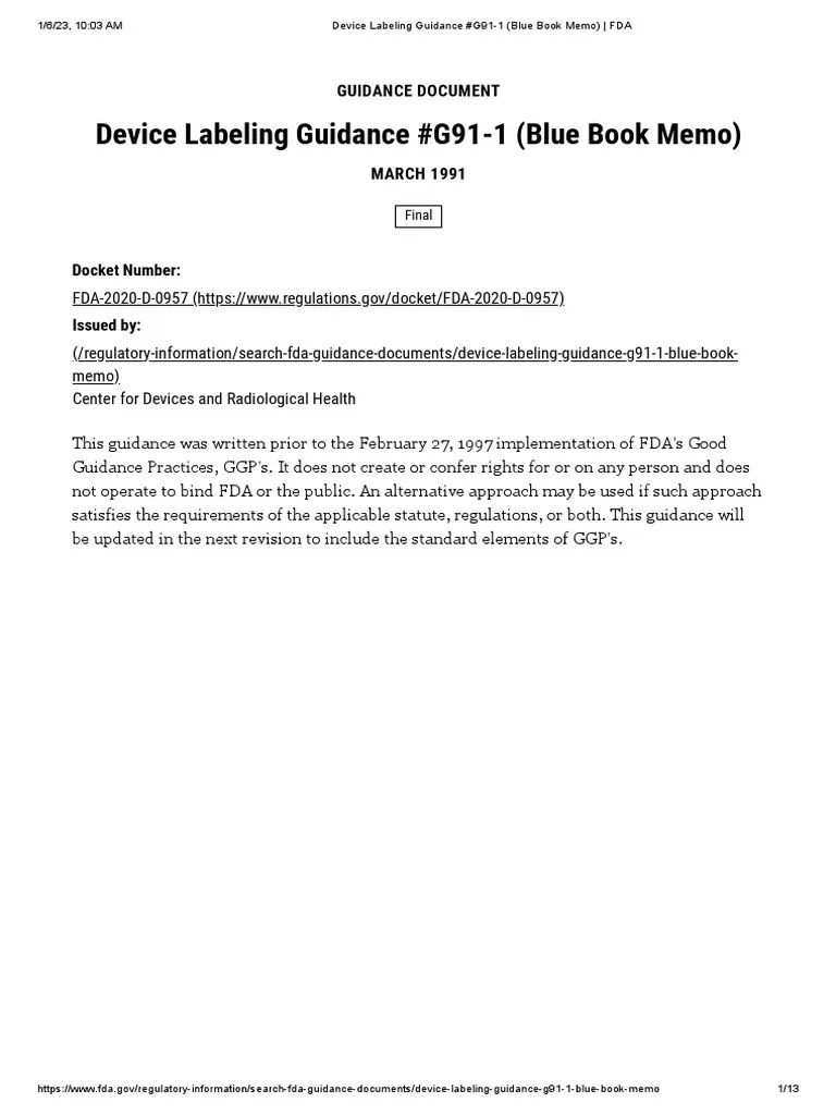 Device Labeling Guidance G911 (Blue Book Memo) FDA PDF Federal