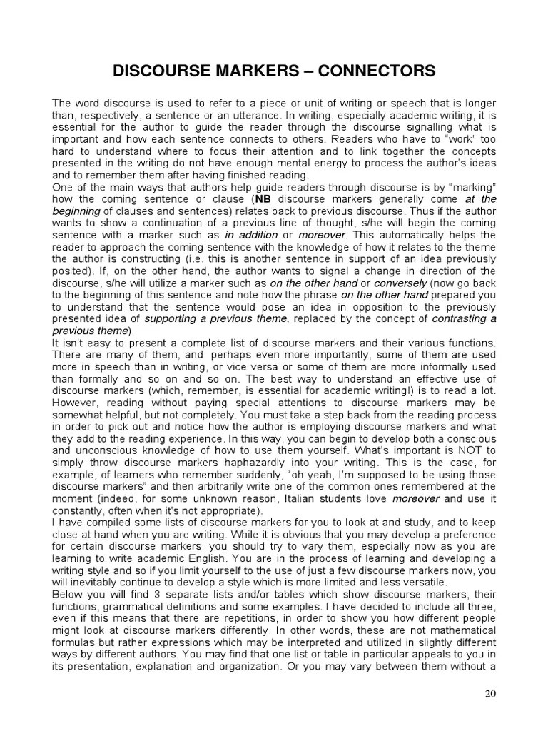 Discourse Markers Connectors at The Beginning in Addition Moreover PDF Learning Sleep