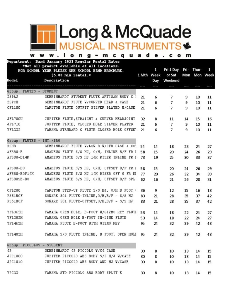 Band Rental Rates PDF Saxophone Tuba