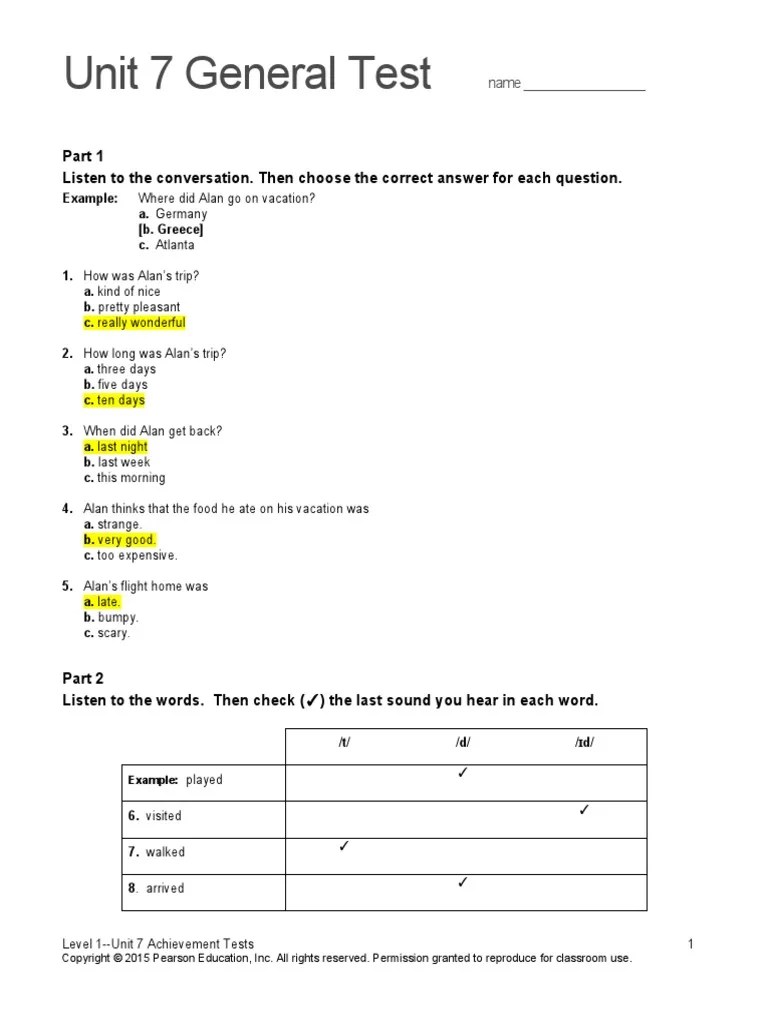 Top Notch 1 Unit 7 Assessment PDF