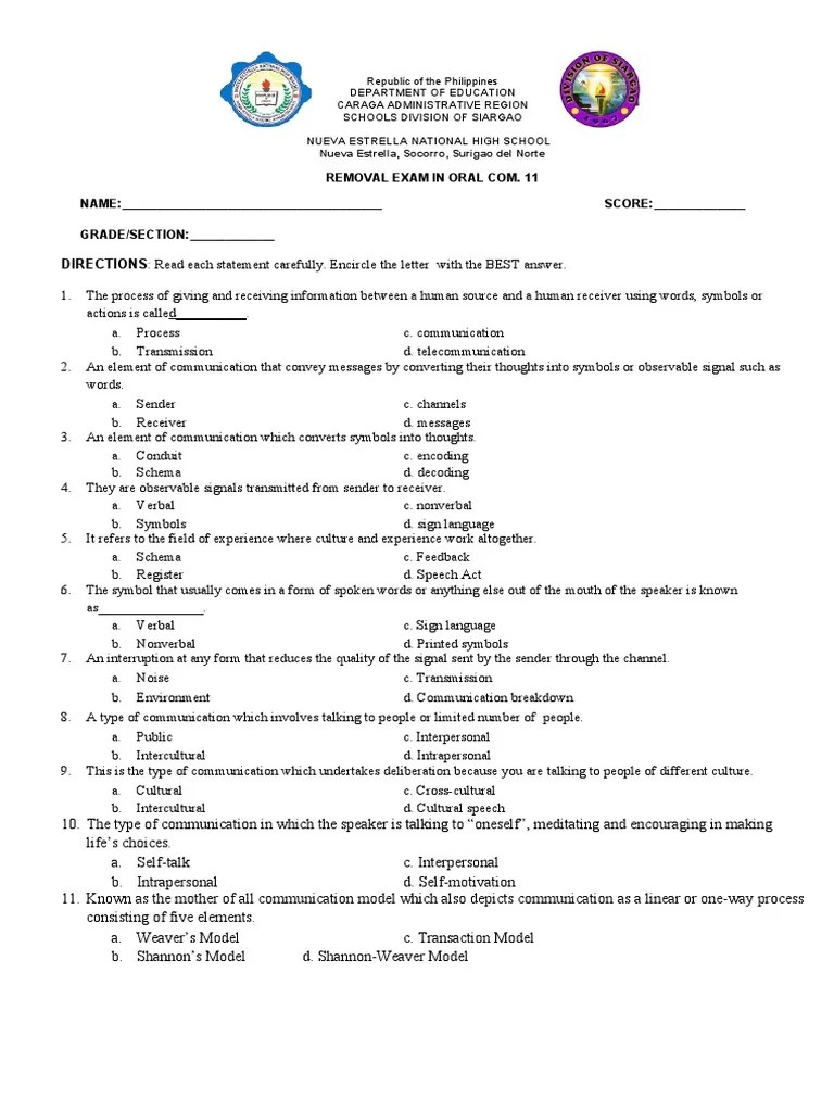 Removal Exam Quarter 2 PDF Communication Nonverbal Communication