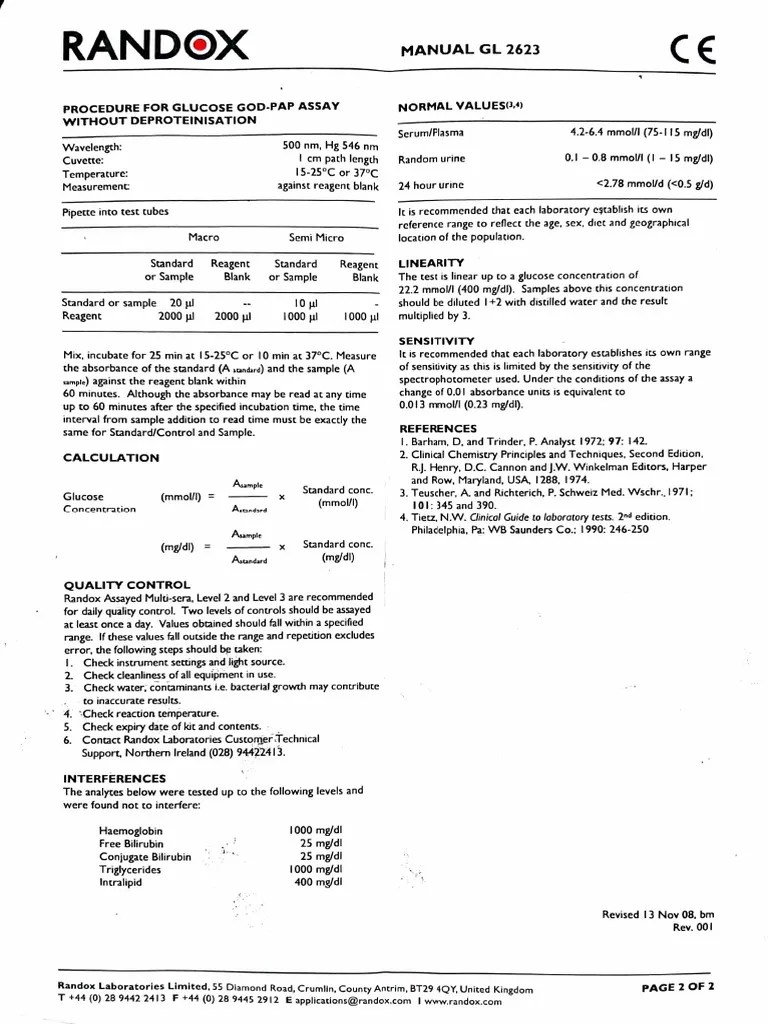 RANDOX Procedure For Glucose GODPAP Assay Without Deproteinisation